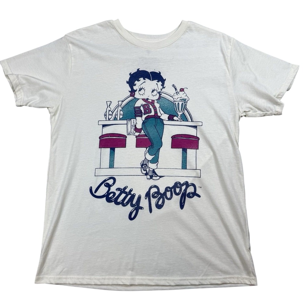Betty Boop‎ Shirt Women's Medium White Cotton Graphic Print Short Sleeve